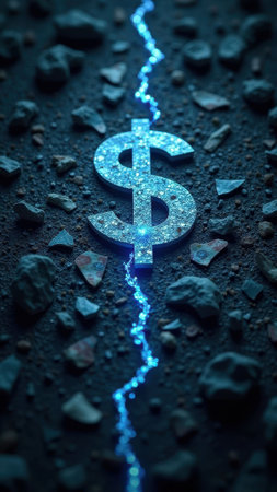 That the image is generated using AI. Glowing dollar sign on rocky surface with blue lightning.の素材