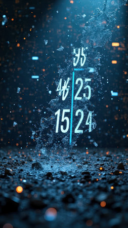 That the image is generated using AI. Abstract digital numbers in motion with floating particles.の素材