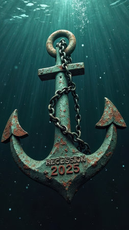 That the image is generated using AI. Rusty anchor underwater with recession 2025 description.の素材