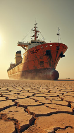 That the image is generated using AI. Large cargo ship on dry land with cracked earth in background.の素材
