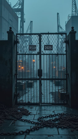 That the image is generated using AI. Eerie industrial gate amidst foggy night in urban setting, chains and cranes visible.の素材