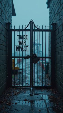 That the image is generated using AI. Locked gate in narrow alleyway on a rainy day with "trade war impact" sign.の素材