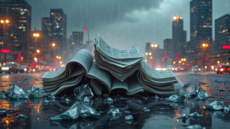 That the image is generated using AI. Newspapers in rain on city street amidst skyline and traffic at night.の素材