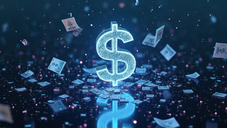 That the image is generated using AI. Glowing dollar symbol with falling currency notes on dark background.の素材