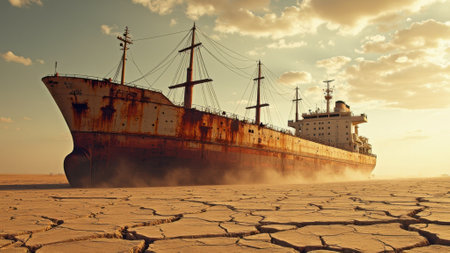That the image is generated using AI. Abandoned rusty ship on dry cracked desert landscape under cloudy sky.の素材