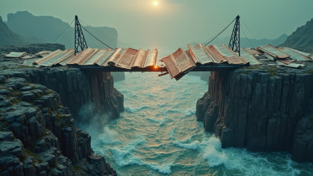That the image is generated using AI. Imaginative bridge made of books spanning a vast ocean between cliffs at sunrise.の素材