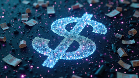 That the image is generated using AI. Glowing digital dollar sign with scattered currency notes on dark background.の素材