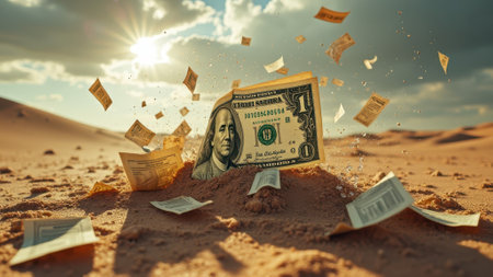 That the image is generated using AI. Dollar bills scattered across a desert landscape in dramatic sunlight.の素材