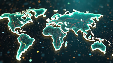 That the image is generated using AI. Glowing digital world map with network connections on dark background.の素材