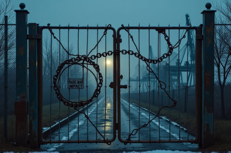 That the image is generated using AI. Locked iron gate with chains and trade war sign at industrial port in foggy evening.の素材