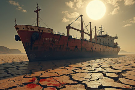 That the image is generated using AI. Rusty cargo ship on sun-baked desert terrain under bright sun.の素材