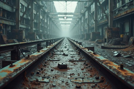 That the image is generated using AI. Abandoned industrial railway in foggy warehouse environment.の素材