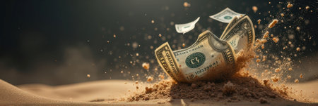 That the image is generated using AI. Dollars in sand: money and financial challenges concept.の素材