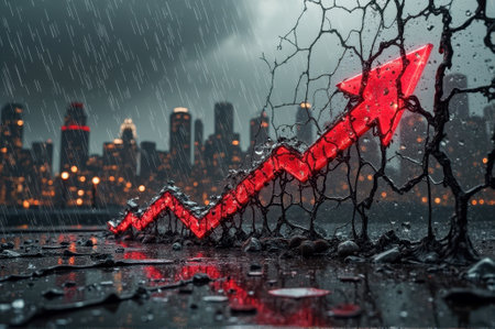 That the image is generated using AI. Red arrow indicating growth in stormy cityscape with dramatic digital effects.の素材
