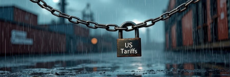 That the image is generated using AI. Us tariffs concept: rusty padlock on chain during rain at shipping port.の素材