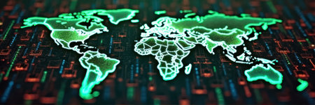 That the image is generated using AI. Digital world map with futuristic neon glow on circuit board background.の素材