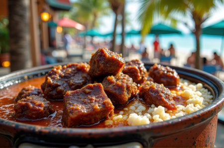 That the image is generated using AI. Tropical beachfront dining with spicy meat stew and couscous under palm trees.の素材