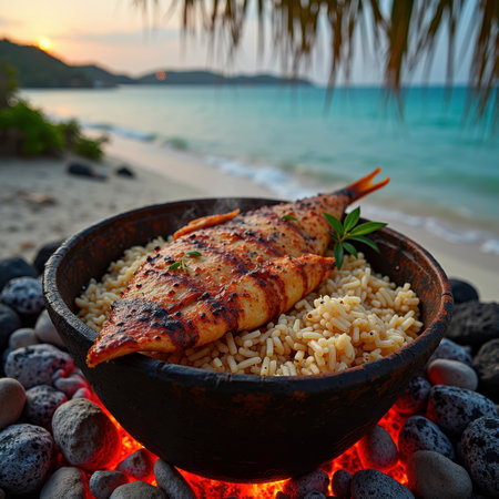 That the image is generated using AI. Grilled fish on rice in wooden bowl by tropical beach at sunset.の素材