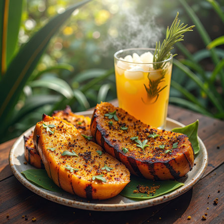 That the image is generated using AI. Grilled butternut squash with herb garnish and refreshing citrus drink outdoors.の素材