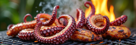 That the image is generated using AI. Grilled octopus tentacles on barbecue with flames in background.の素材