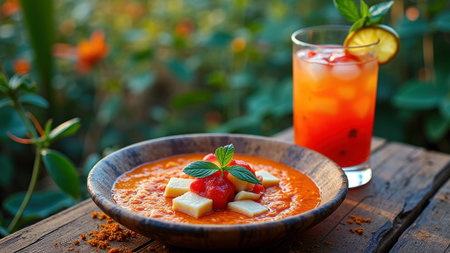 That the image is generated using AI. Refreshing gazpacho with cheese cubes and iced citrus drink in outdoor setting.の素材