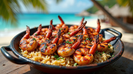 Grilled shrimp with rice on tropical beach. That the image is generated using AI.の素材