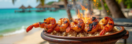 Juicy grilled shrimp on skewer with fire on tropical beach. That the image is generated using AI.の素材