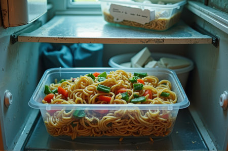 Fresh leftover noodles in open refrigerator with vegetables and tofu on shelf. That the image is generated using AI.の素材