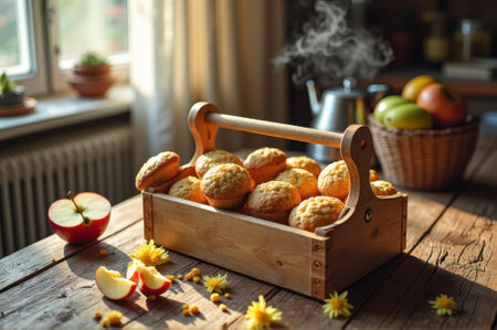 Freshly baked muffins in wooden basket on rustic table with apples and flowers. That the image is generated using AI.の素材