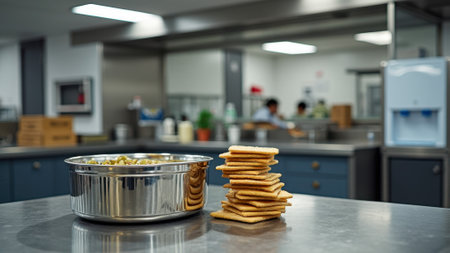 Stainless steel bowl and stack of crackers on kitchen counter in modern commercial kitchen. That the image is generated using AI.の素材