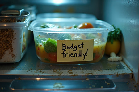 Budget-friendly meal prep container in refrigerator with fresh vegetables. That the image is generated using AI.の素材