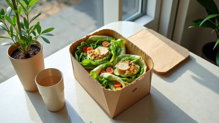 Fresh vegan lettuce wraps with hummus in eco-friendly packaging near sunlit window. That the image is generated using AI.の素材