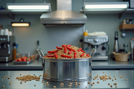 Large stainless steel pot filled with red chili peppers and lentils in modern kitchen. That the image is generated using AI.の素材