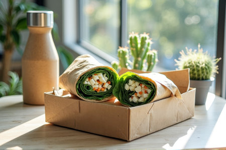 Fresh vegetable wraps in eco-friendly paper box on sunny table with cactus. That the image is generated using AI.の素材