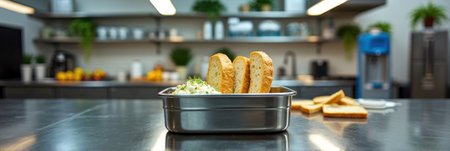 Modern kitchen interior with bread and spread on metal counter in focus. That the image is generated using AI.の素材