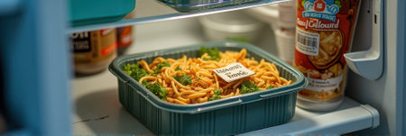 Leftover noodles and broccoli in the refrigerator with cans on shelf. That the image is generated using AI.の素材