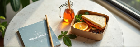 Healthy lunchbox with sandwich and orange on marble table next to book and plant. That the image is generated using AI.の素材