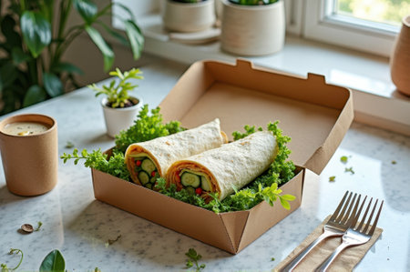 Fresh vegetable wraps in eco-friendly box on a kitchen table with plants. That the image is generated using AI.の素材