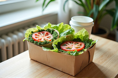 Fresh vegan salad in eco-friendly packaging with tomato and lettuce. That the image is generated using AI.の素材