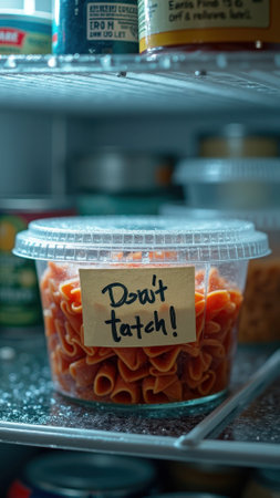 Labeled pasta container in refrigerator interior close-up. That the image is generated using AI.の素材