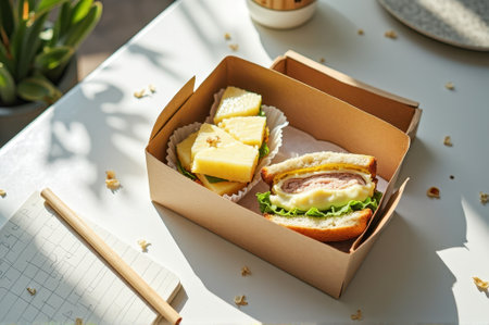Delicious sandwich and pineapple lunchbox on sunlit table. That the image is generated using AI.の素材