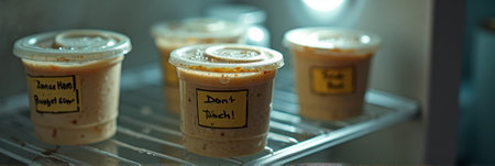Labeled food containers in refrigerator with "don't touch" sign. That the image is generated using AI.の素材