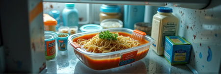 Cold spaghetti meal with fresh parsley inside a refrigerator. That the image is generated using AI.の素材