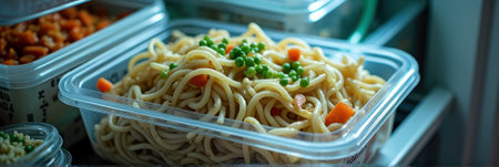 Chilled noodles with peas and carrots in refrigerator container. That the image is generated using AI.の素材