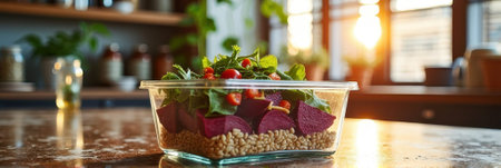 Fresh vegetable salad in glass container with beets, cherry tomatoes, and greens on kitchen counter. That the image is generated using AI.の素材