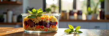 Vegetable couscous salad in glass bowl on sunlit kitchen counter. That the image is generated using AI.の素材