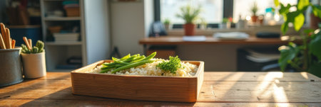 Cozy kitchen with sunlit rice dish and fresh green beans on wooden counter. That the image is generated using AI.の素材