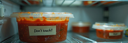 Labeled container of red sauce on refrigerator shelf warning not to touch. That the image is generated using AI.の素材