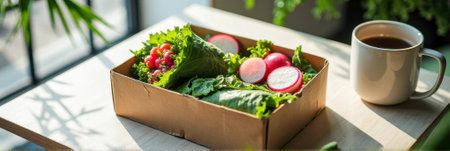 Fresh vegan lunch box with lettuce wraps and radishes in sunlight. That the image is generated using AI.の素材