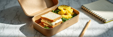 Healthy lunch box with sandwich and pineapple on marble surface. That the image is generated using AI.の素材